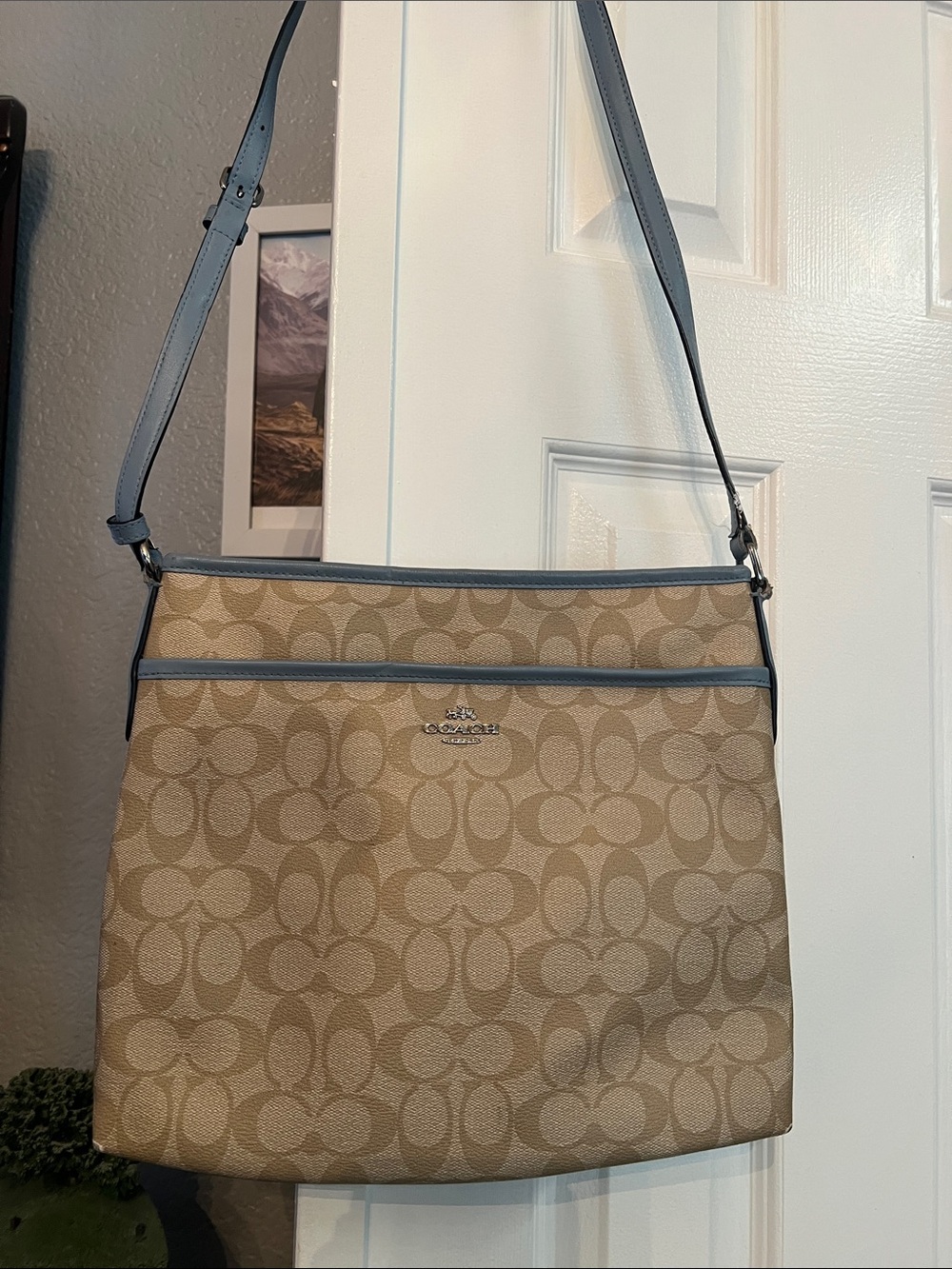 COACH File Crossbody Signature Coated Canvas Khaki Cornflower
Blue 2017